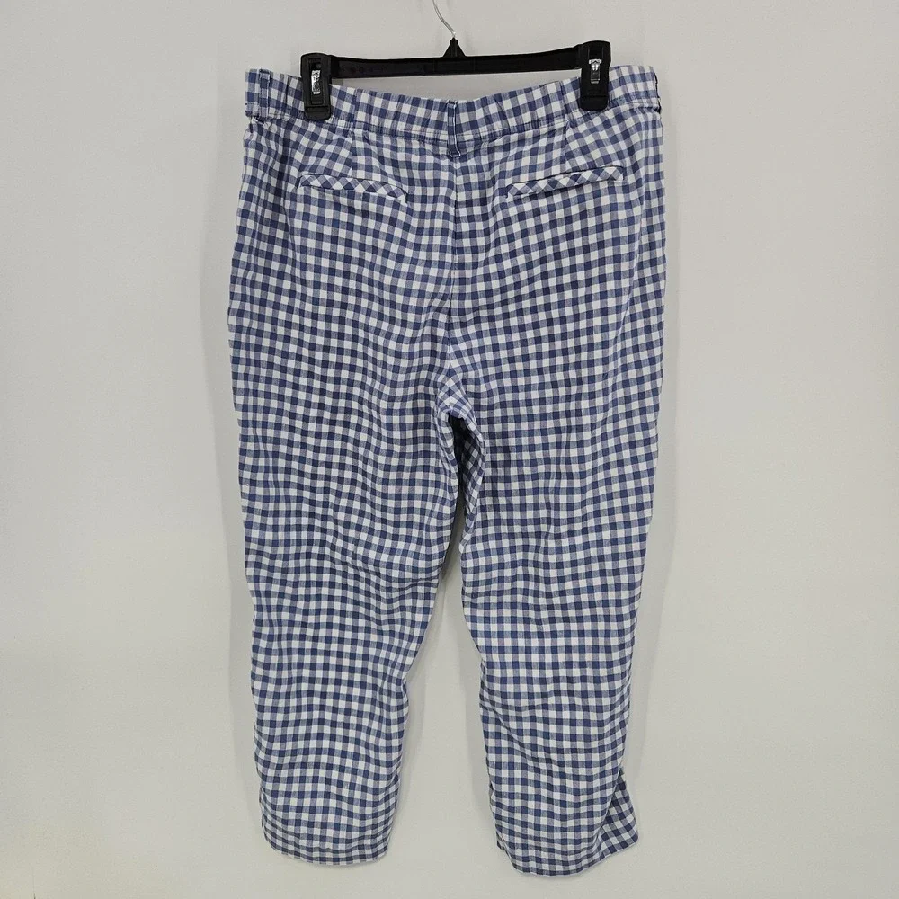 J Jill Linen Stretch Pants Women L Blue Gingham Check‎ Crop Cottagecore Picnic